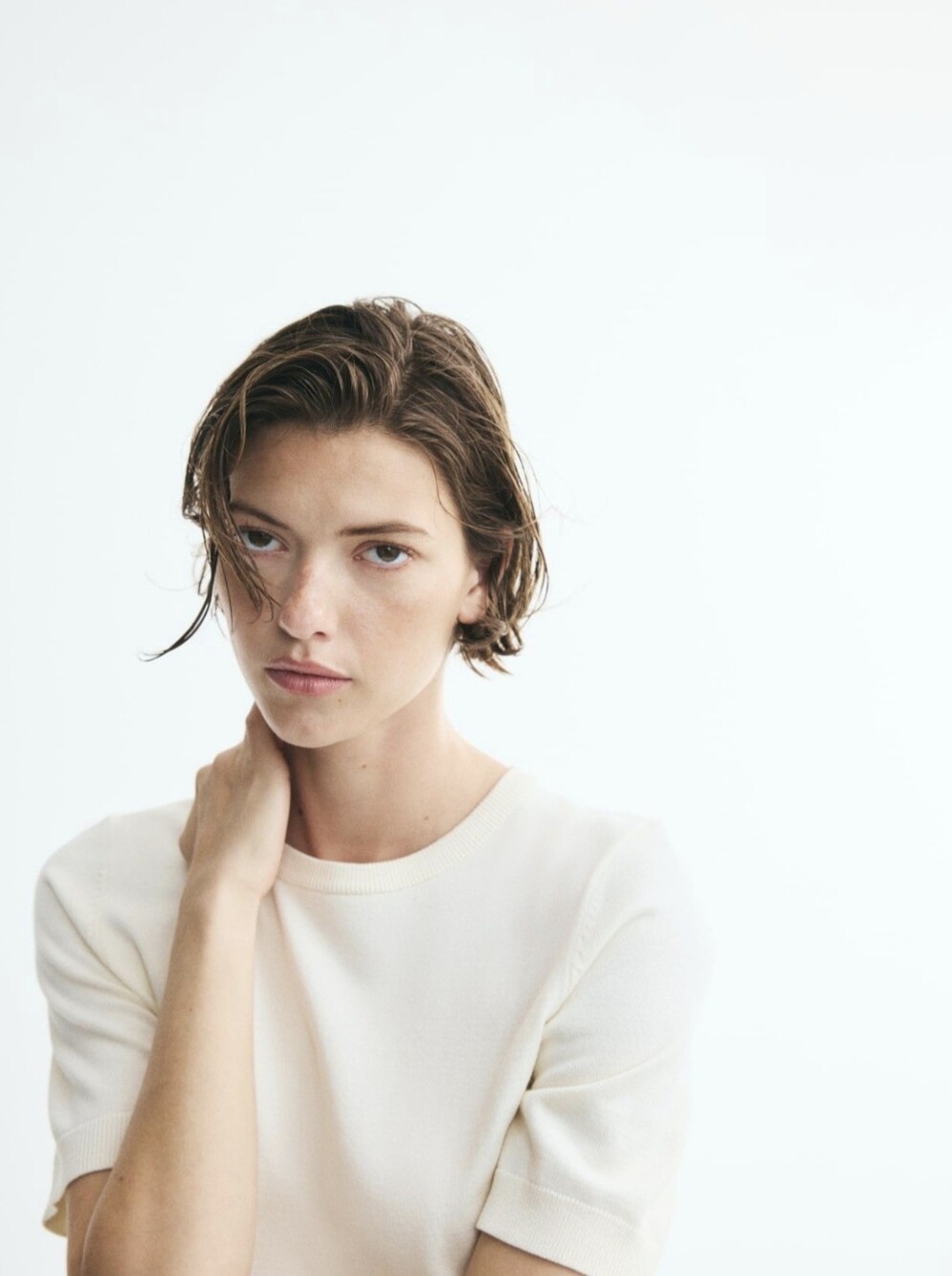 Women H&M Short-Sleeve Knit Tee in Cream
